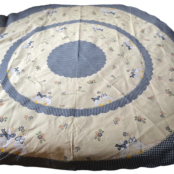 Vintage Blue Ribbon Goose Tablecloth Round 70" D. Floral White Gingham - Picture 4 of 8